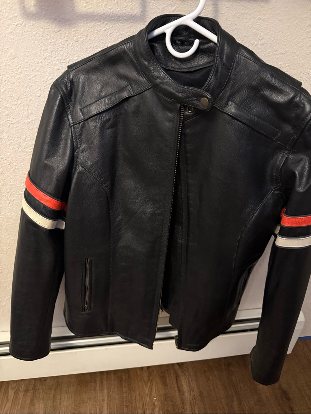Unik Black Leather Bomber Jacket with orange and White Arm Stripes